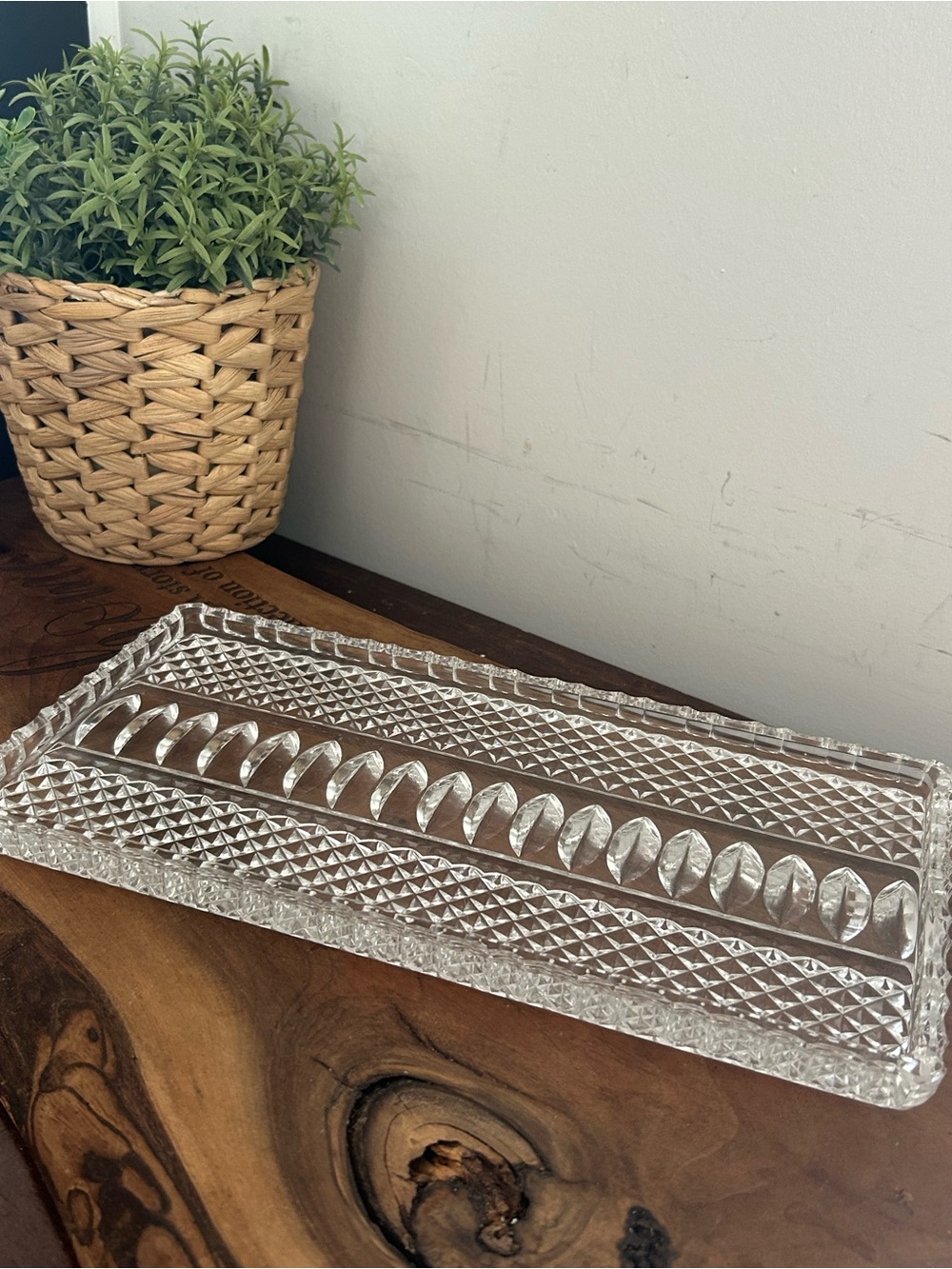 Long Rectangular Crystal Serving Platter /Soap Dish/ Jewelry Holder Diamond Cut